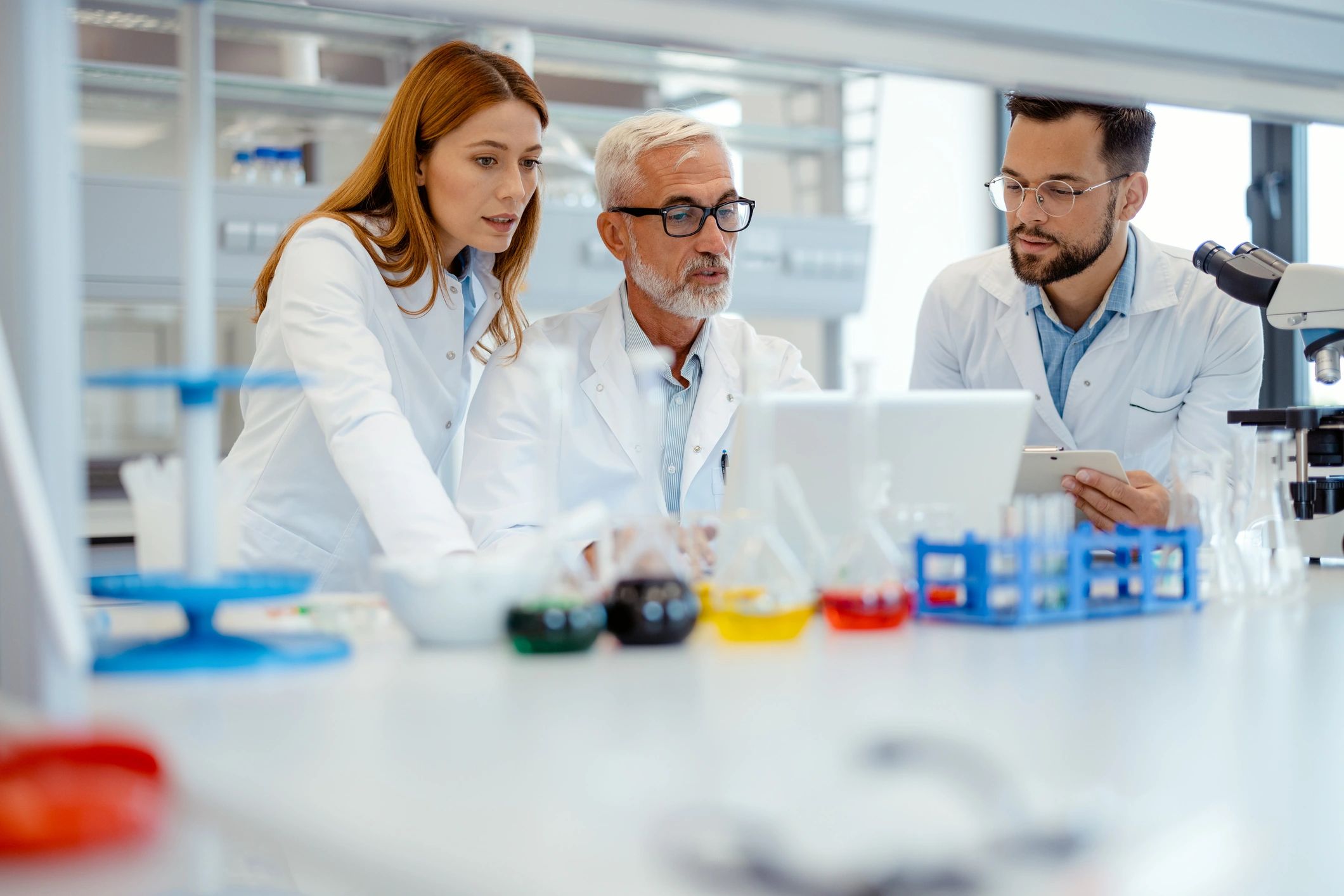 Lab team collaborating on product research