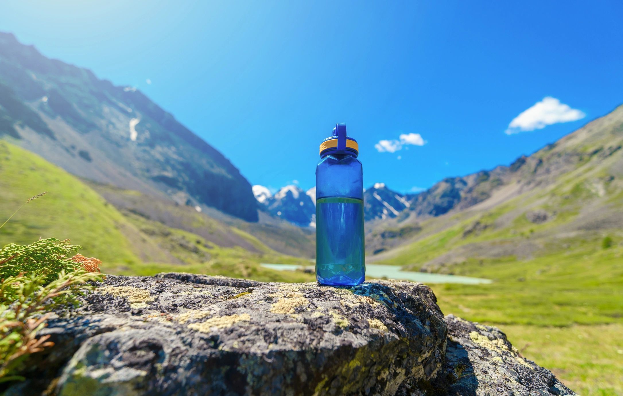 Water bottle in the mountains
