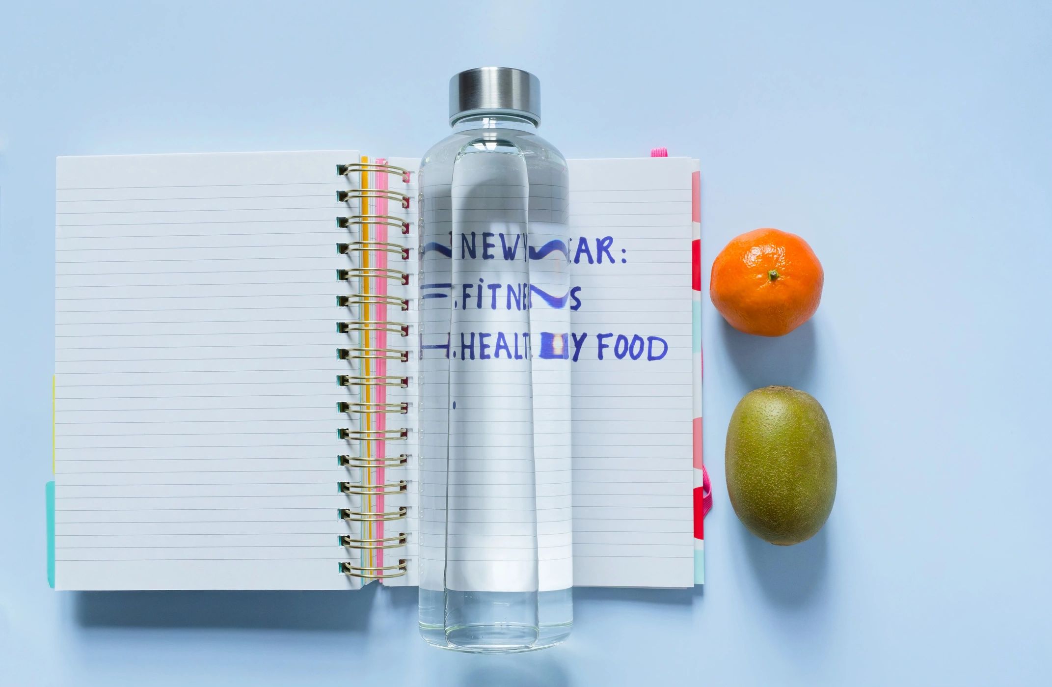 Water bottle and healthy lifestyle flat lay on desk